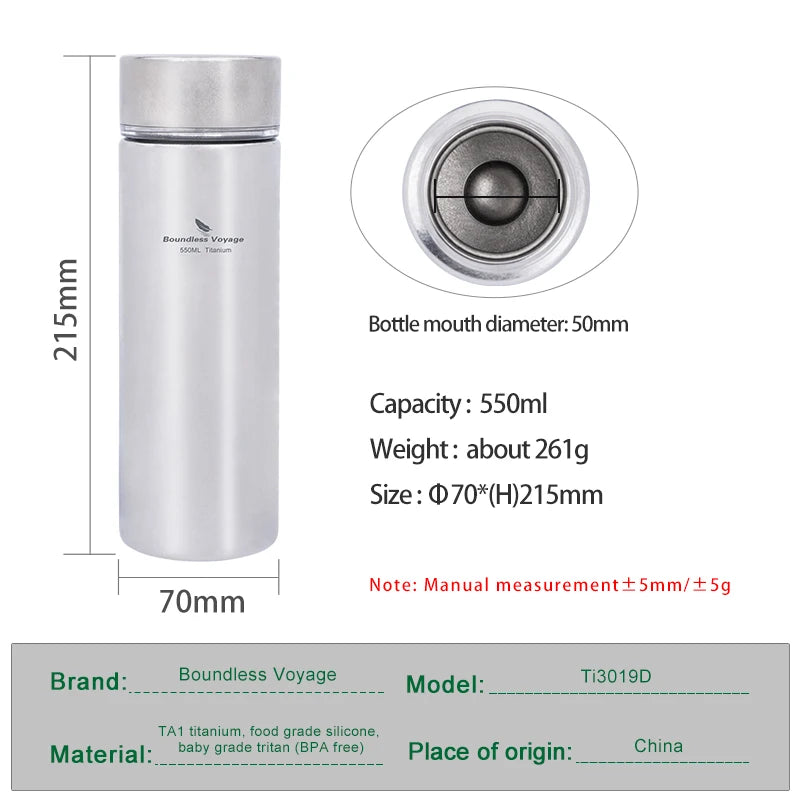 Boundless Voyage Titanium Vacuum Insulated Water Bottle with Filter, Ultralight Double Walled Thermos Flask, Titanium Cup 550ml